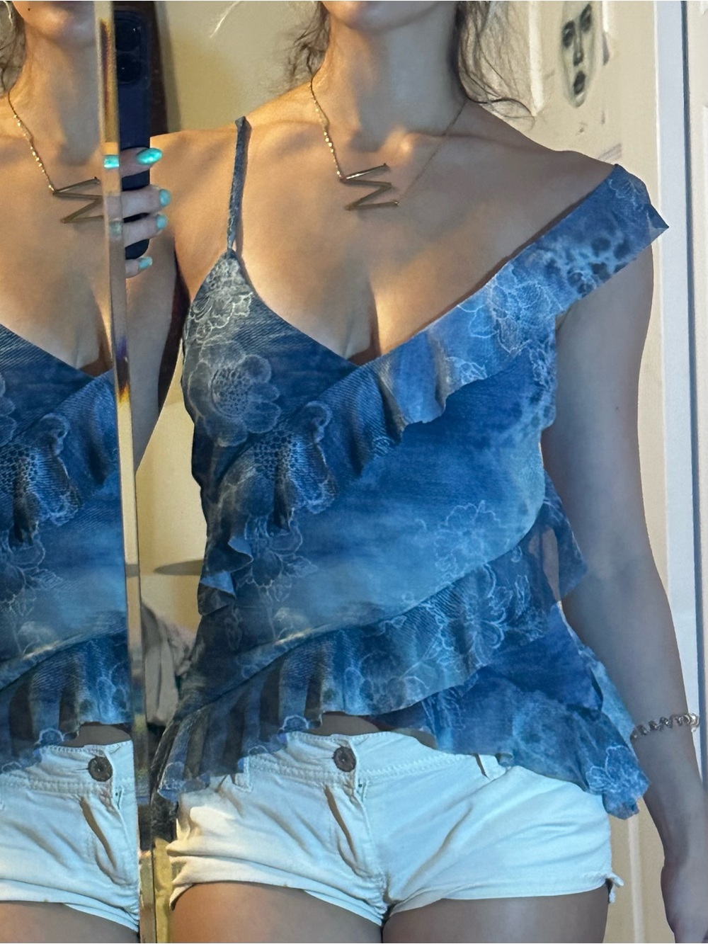 Pacsun Your Favorite Josie Mesh Ruffle Tank Top in Blue NWT